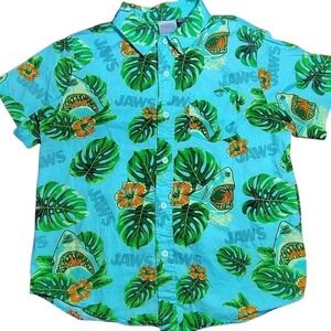 Kids Jaws Shark Hawaiian Button Up Shirt Short Sleeve Blue Tropical LG